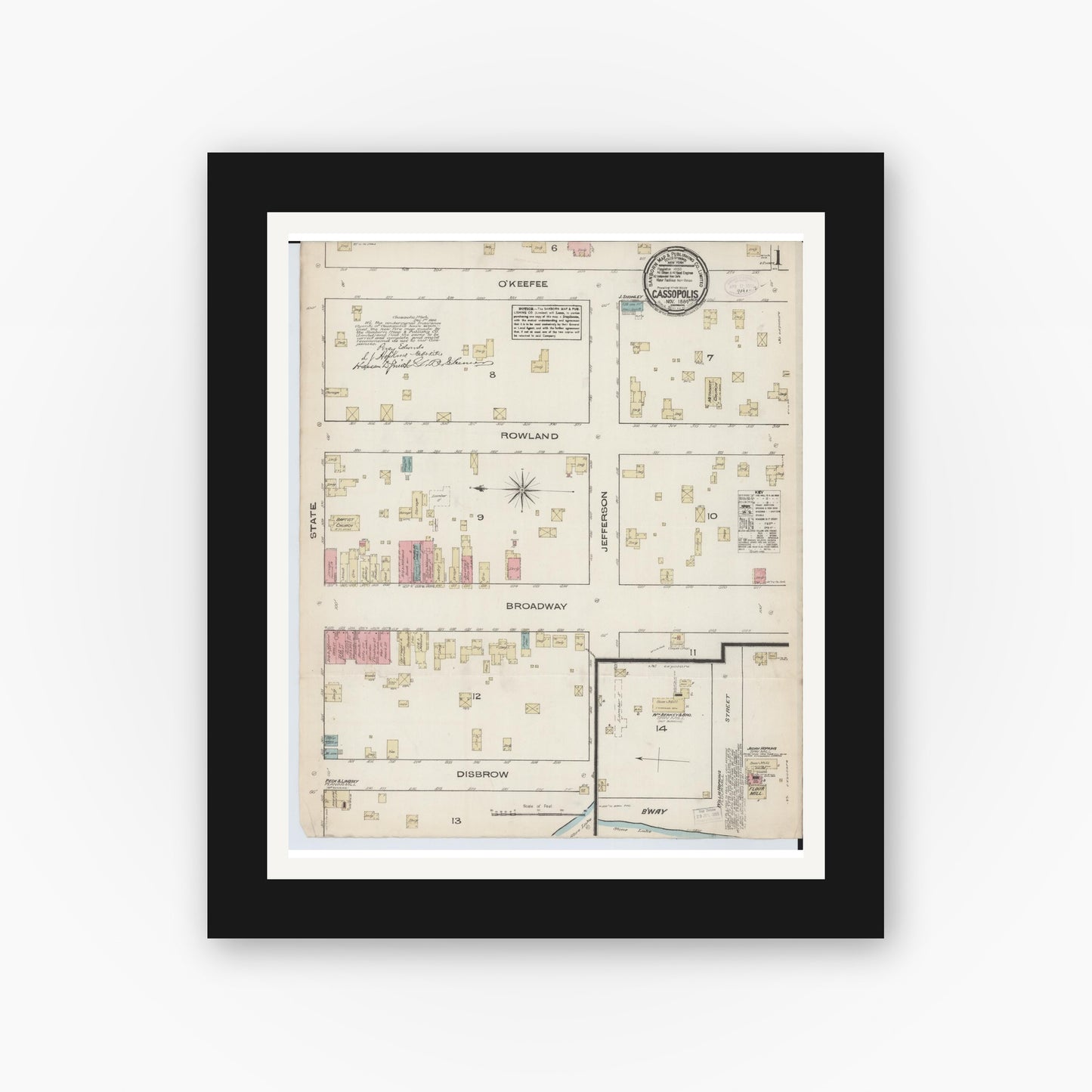 Old map wall art mockup — black gallery frame with white mat — Sanborn Fire Insurance Map from Cassopolis, Cass County, Michigan (1884), Sheet #0001