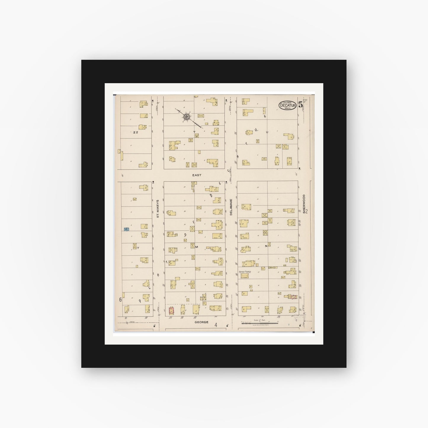 Old map wall art mockup — black gallery frame with white mat — Sanborn Fire Insurance Map from Decatur, Van Buren County, Michigan (1922), Sheet #0005