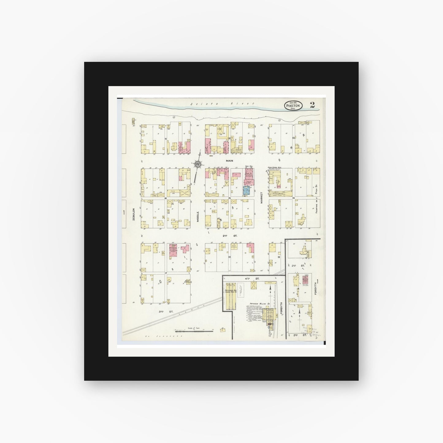 Old map wall art mockup — black gallery frame with white mat — Sanborn Fire Insurance Map from Piketon, Pike County, Ohio (1911), Sheet #0002