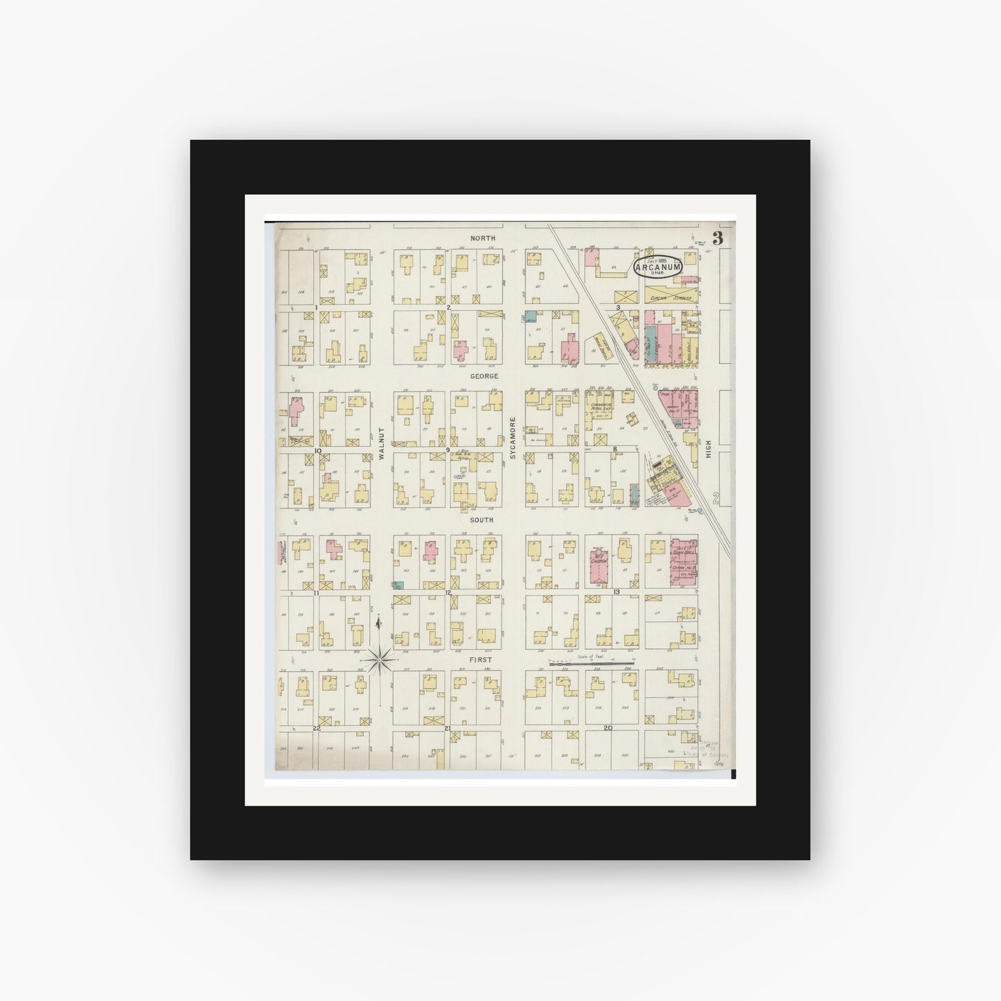 Old map wall art mockup — black gallery frame with white mat — Sanborn Fire Insurance Map from Arcanum, Darke County, Ohio (1895), Sheet #0003