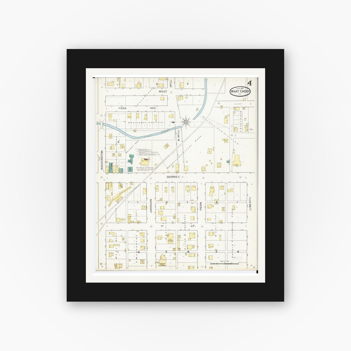 Old map wall art mockup — black gallery frame with white mat — Sanborn Fire Insurance Map from What Cheer, Keokuk County, Iowa (1893), Sheet #0004