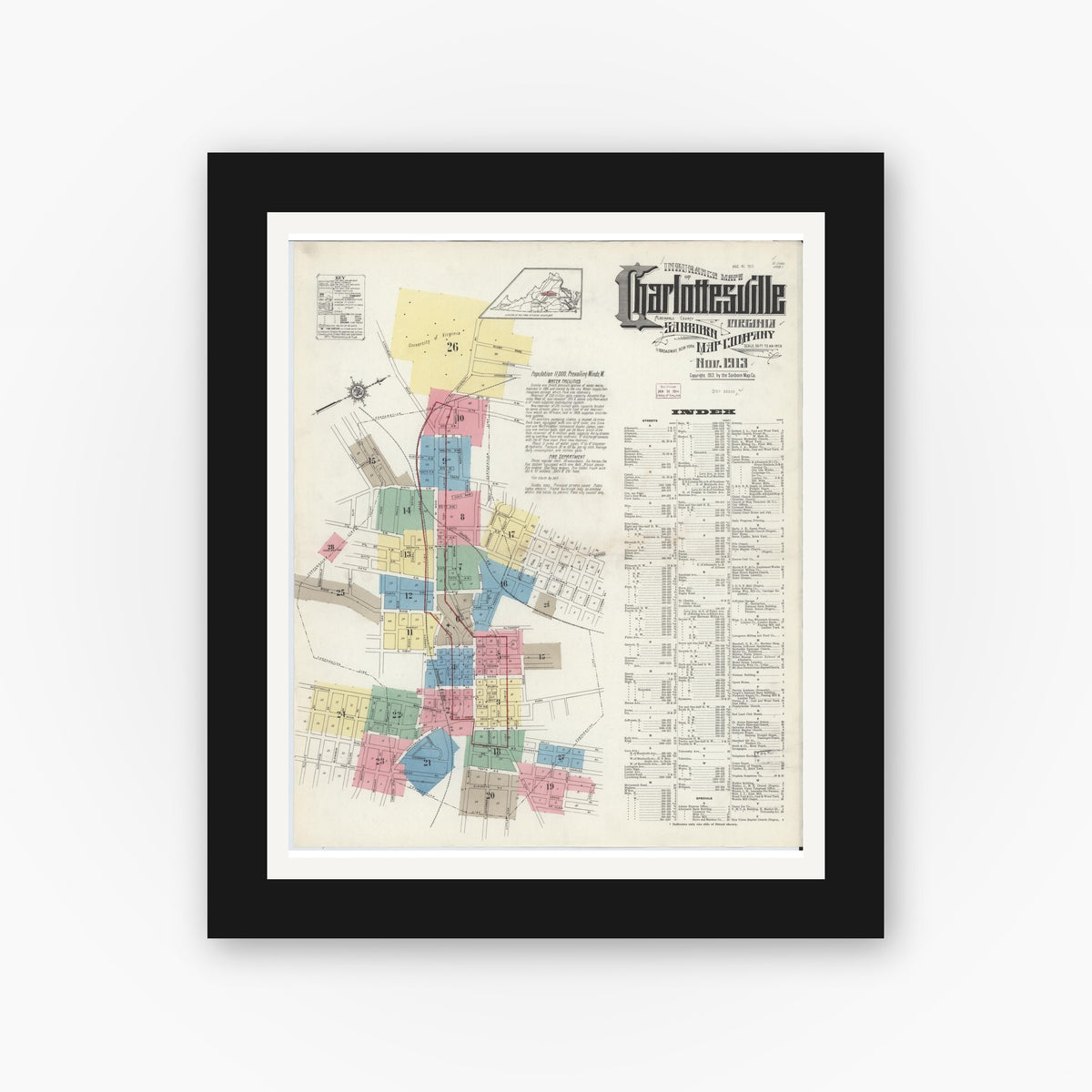 Old map wall art mockup — black gallery frame with white mat — Sanborn Fire Insurance Map from Charlottesville, Independent Cities, Virginia (1913), Sheet #0001