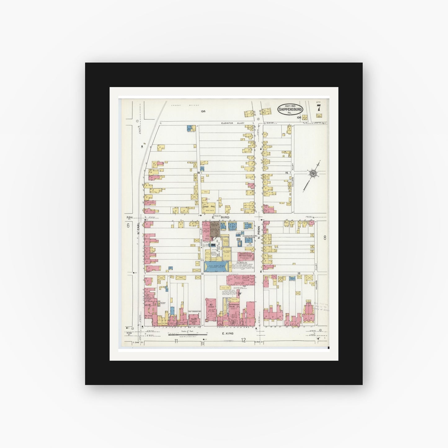 Old map wall art mockup — black gallery frame with white mat — Sanborn Fire Insurance Map from Shippensburg, Cumberland And Franklin Counties, Pennsylvania (1921), Sheet #0007
