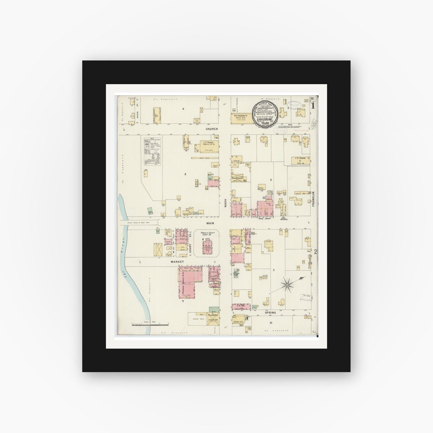 Old map wall art mockup — black gallery frame with white mat — Sanborn Fire Insurance Map from Louisburg, Franklin County, North Carolina (1898) - Complete Map Set