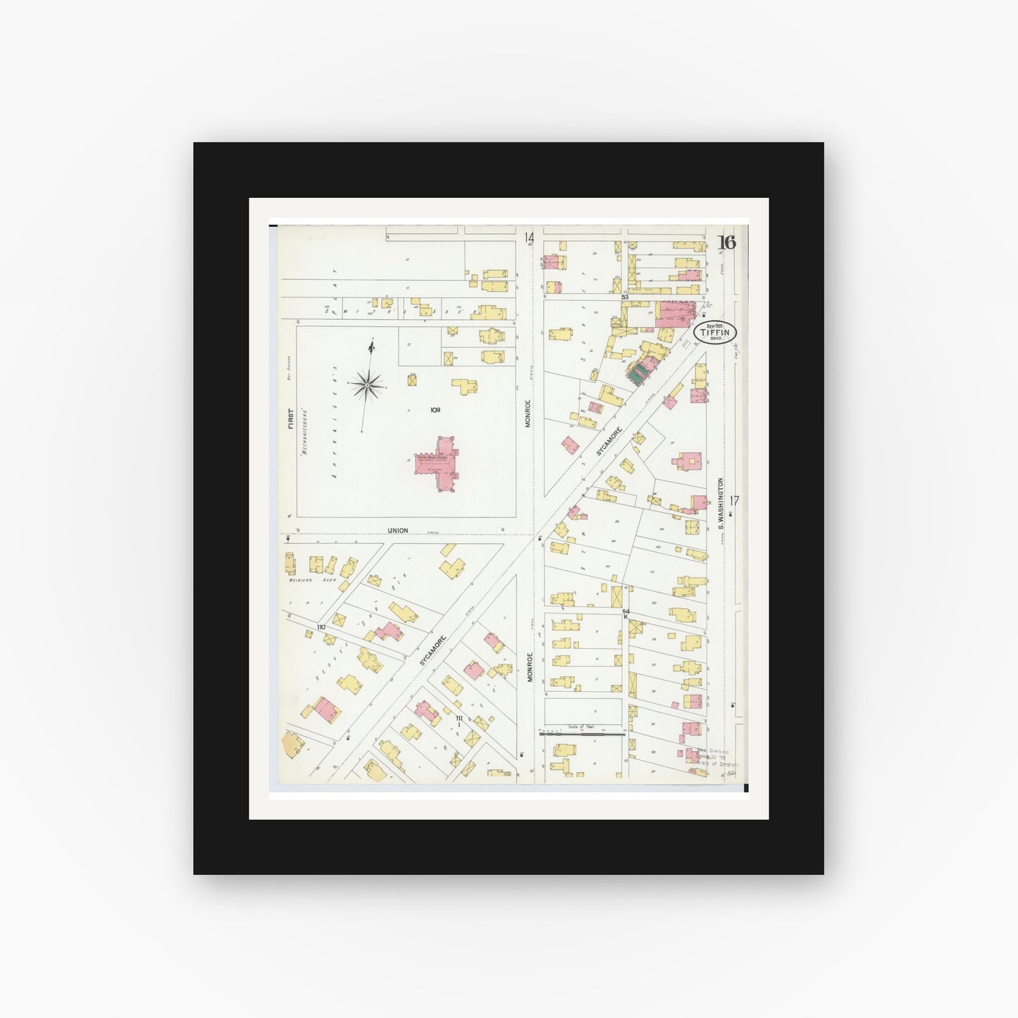 Old map wall art mockup — black gallery frame with white mat — Sanborn Fire Insurance Map from Tiffin, Seneca County, Ohio (1901), Sheet #0016