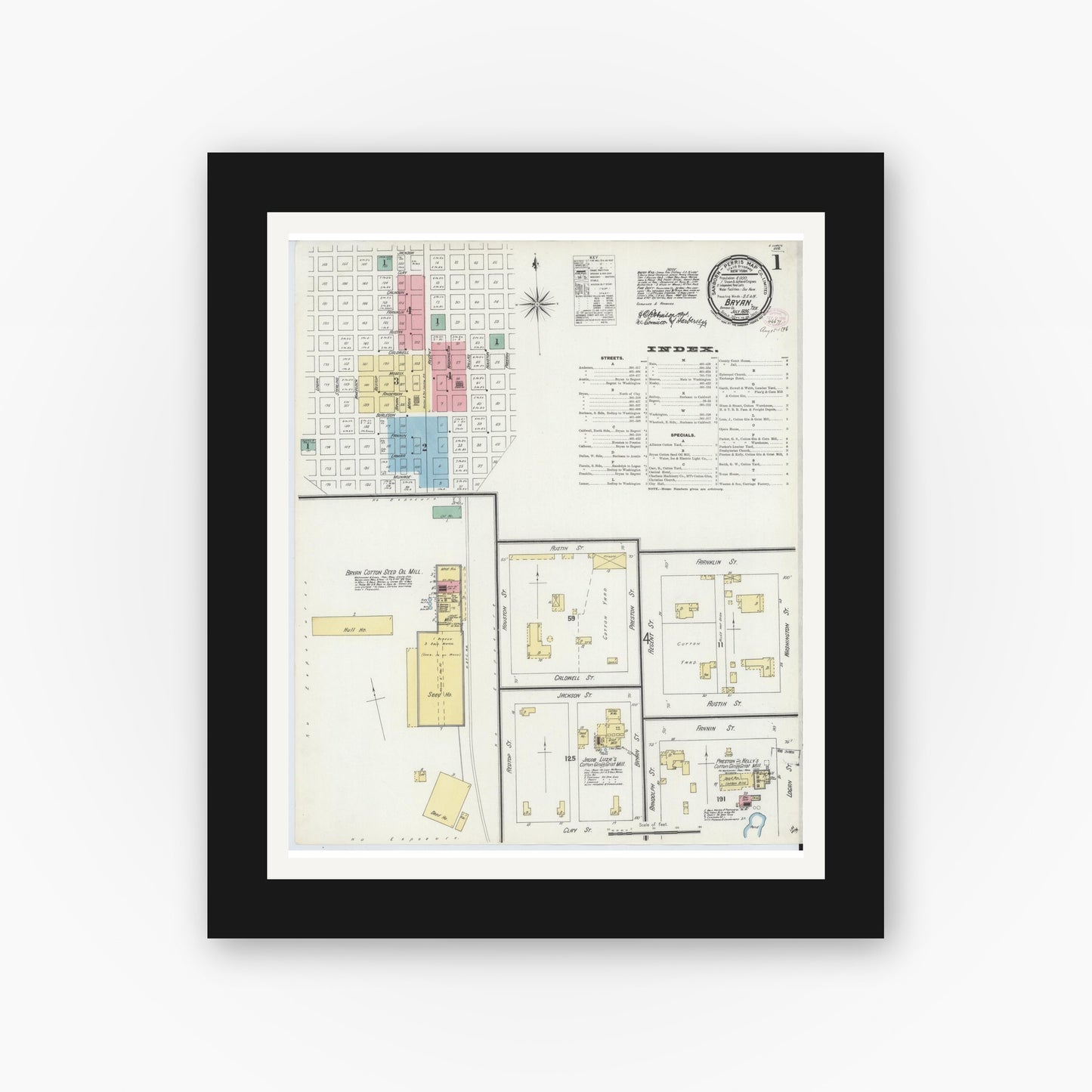 Old map wall art mockup — black gallery frame with white mat — Sanborn Fire Insurance Map from Bryan, Brazos County, Texas (1896), Sheet #0001