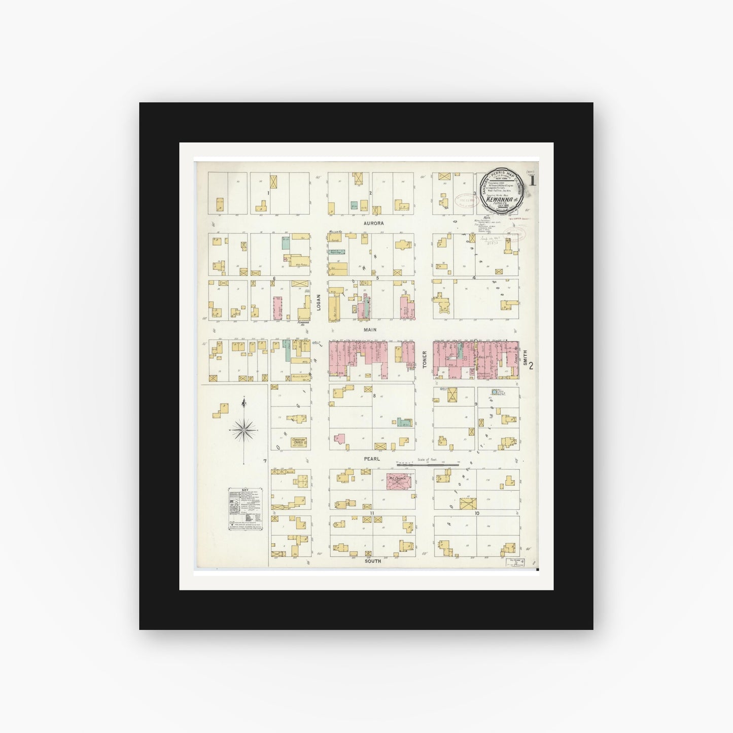 Old map wall art mockup — black gallery frame with white mat — Sanborn Fire Insurance Map from Kewanna, Fulton County, Indiana (1899) - Complete Map Set