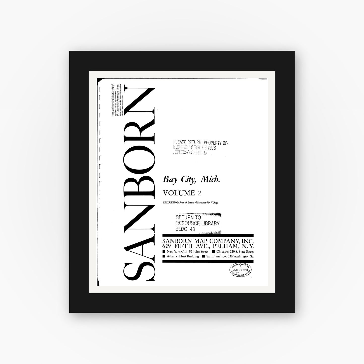 Old map wall art mockup — black gallery frame with white mat — Sanborn Fire Insurance Map from Bay City, Bay County, Michigan (1963), Sheet #0001