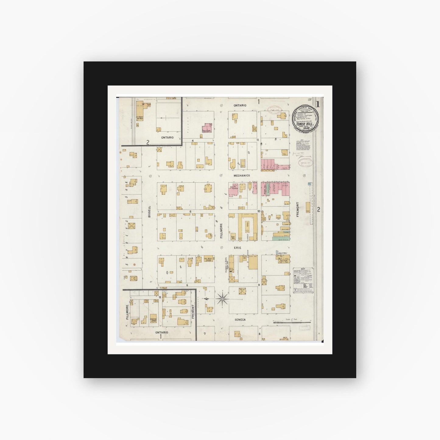 Old map wall art mockup — black gallery frame with white mat — Sanborn Fire Insurance Map from Tower Hill, Shelby County, Illinois (1899) - Complete Map Set