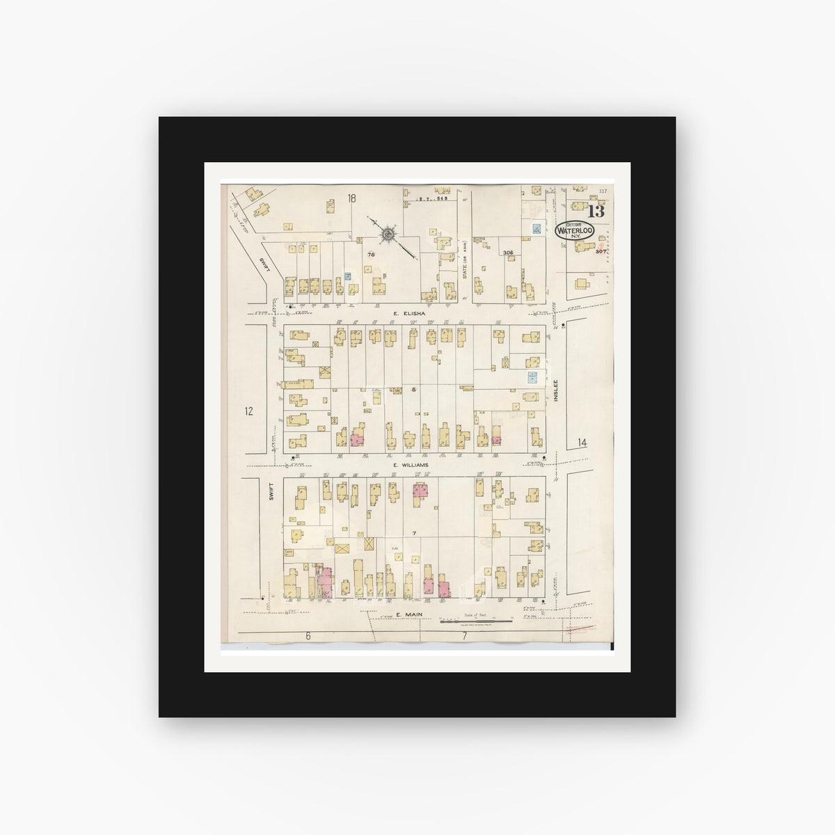Old map wall art mockup — black gallery frame with white mat — Sanborn Fire Insurance Map from Waterloo, Seneca County, New York (1948), Sheet #0013
