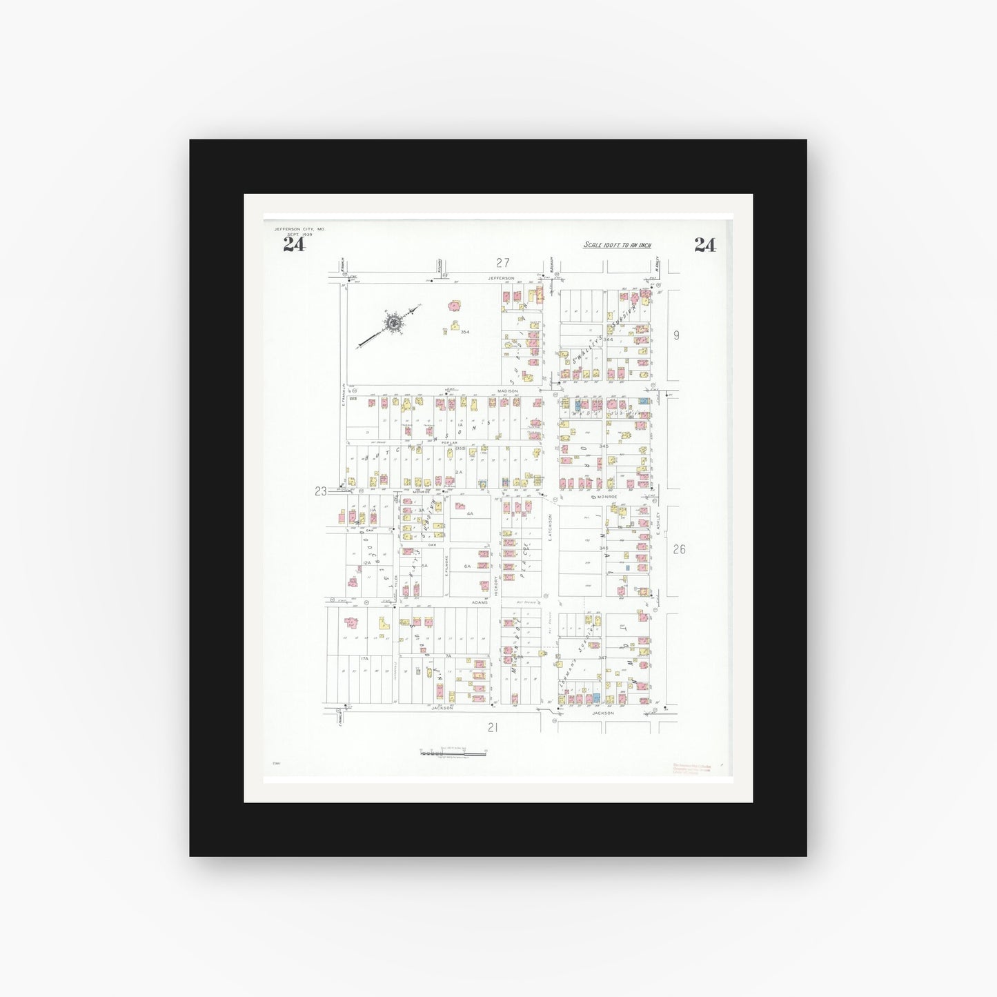 Old map wall art mockup — black gallery frame with white mat — Sanborn Fire Insurance Map from Jefferson City, Cole County, Missouri (1939), Sheet #0024