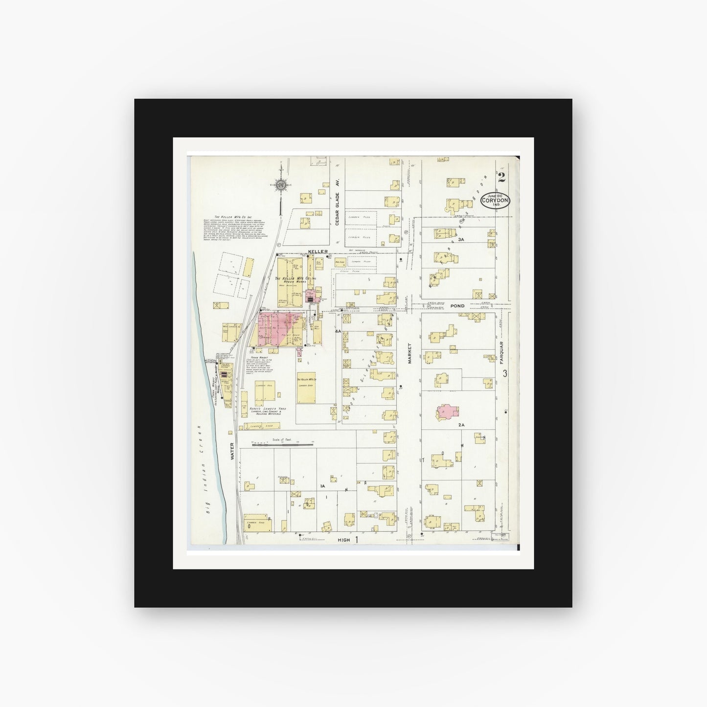 Old map wall art mockup — black gallery frame with white mat — Sanborn Fire Insurance Map from Corydon, Harrison County, Indiana (1910), Sheet #0002