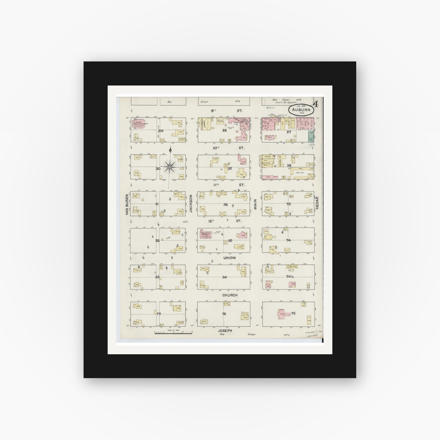 Old map wall art mockup — black gallery frame with white mat — Sanborn Fire Insurance Map from Auburn, De Kalb County, Indiana (1891), Sheet #0004