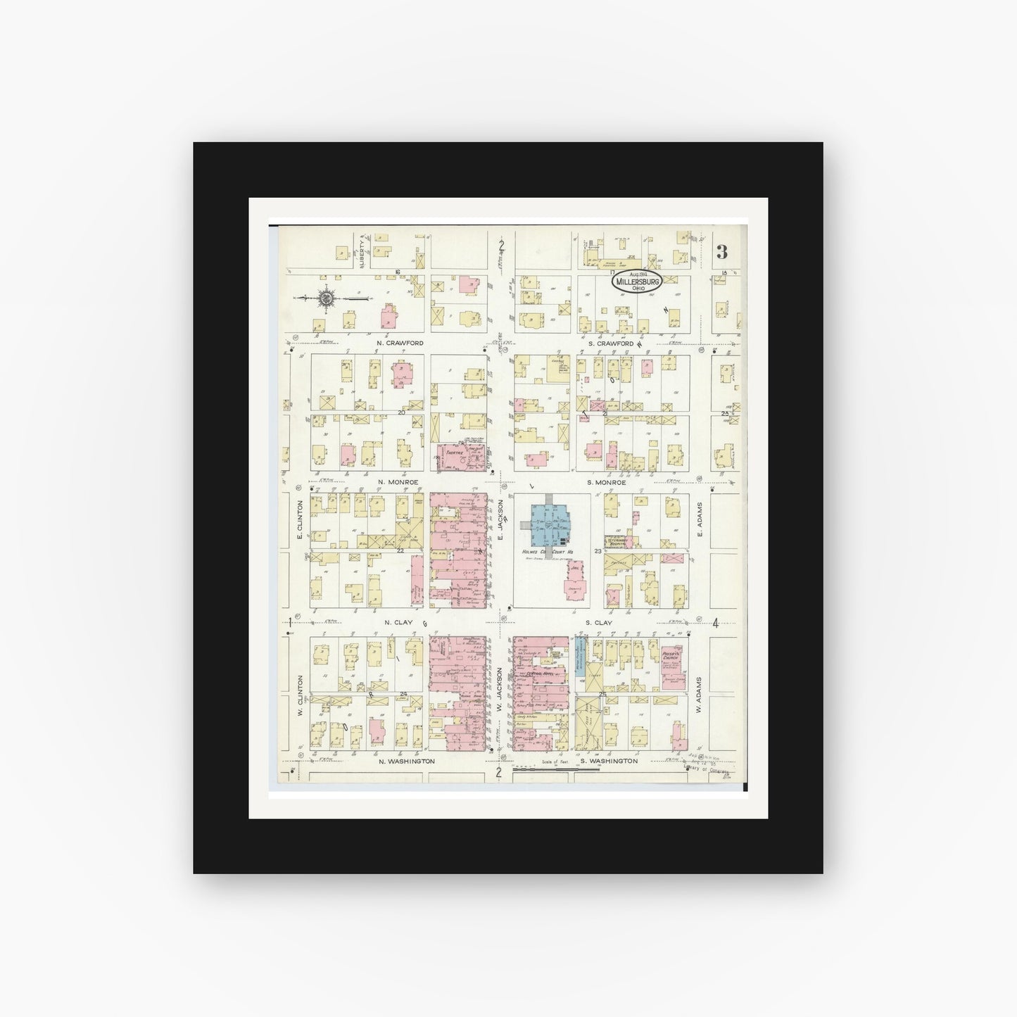 Old map wall art mockup — black gallery frame with white mat — Sanborn Fire Insurance Map from Millersburg, Holmes County, Ohio (1914), Sheet #0003