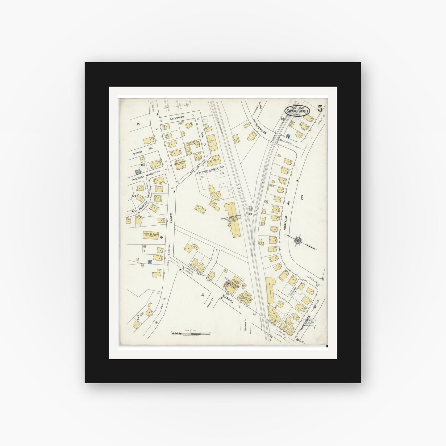 Old map wall art mockup — black gallery frame with white mat — Sanborn Fire Insurance Map from Swampscott, Essex County, Massachusetts (1920), Sheet #0005