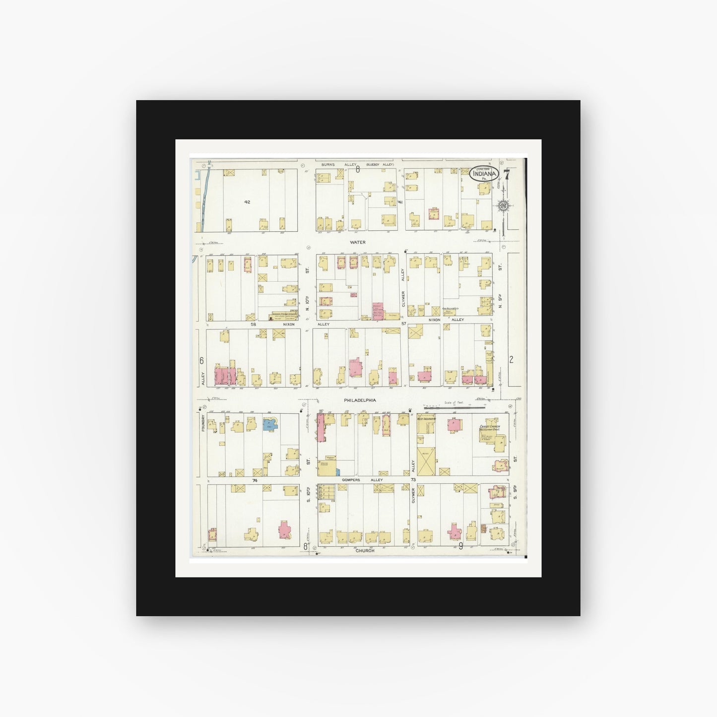 Old map wall art mockup — black gallery frame with white mat — Sanborn Fire Insurance Map from Indiana, Indiana County, Pennsylvania (1916), Sheet #0007