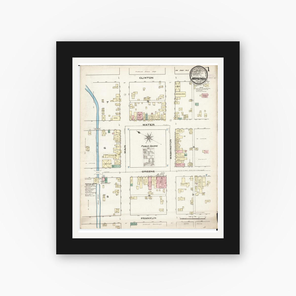 Old map wall art mockup — black gallery frame with white mat — Sanborn Fire Insurance Map from Marengo, Iowa County, Iowa (1885) — Complete Set
