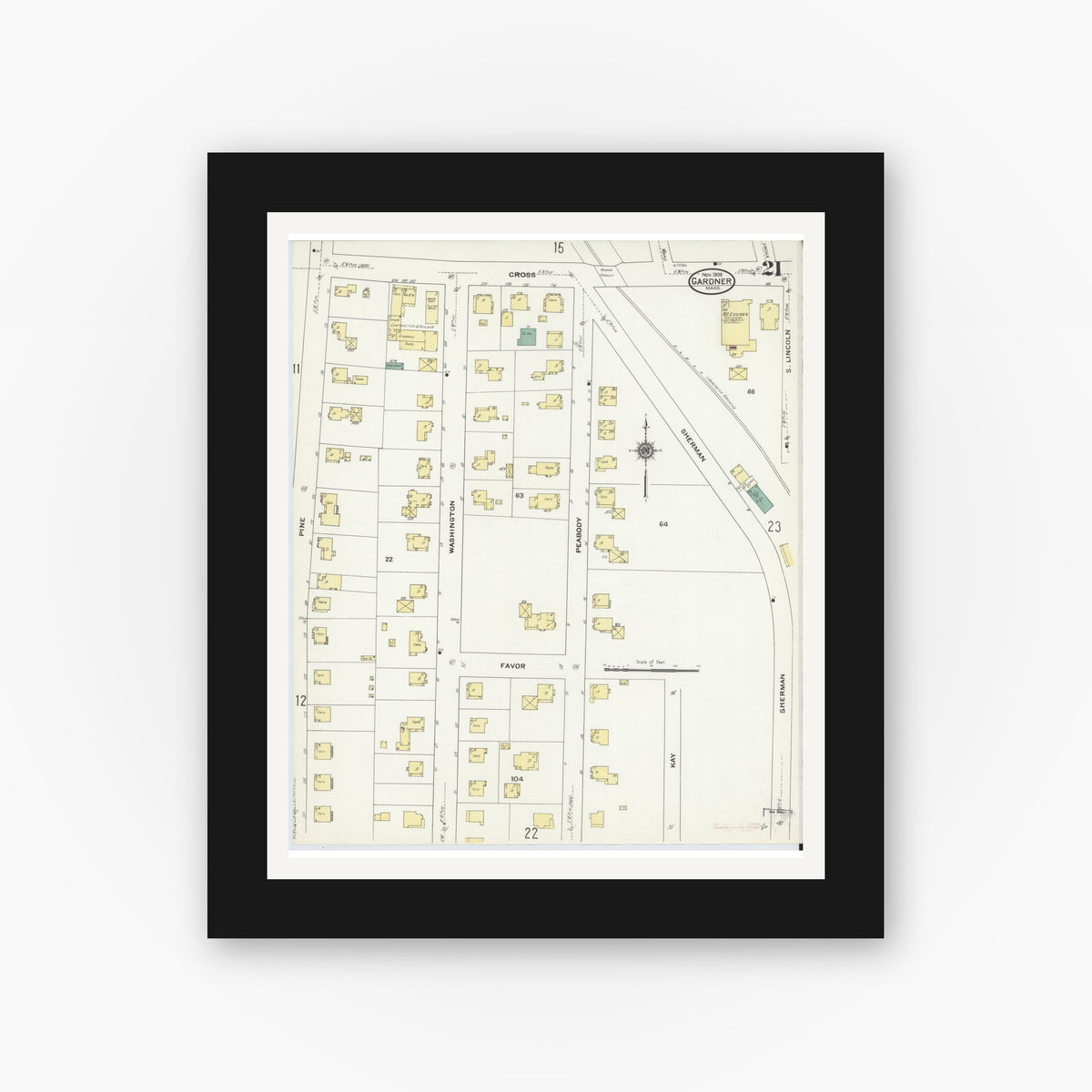 Old map wall art mockup — black gallery frame with white mat — Sanborn Fire Insurance Map from Gardner, Worcester County, Massachusetts (1909), Sheet #0021