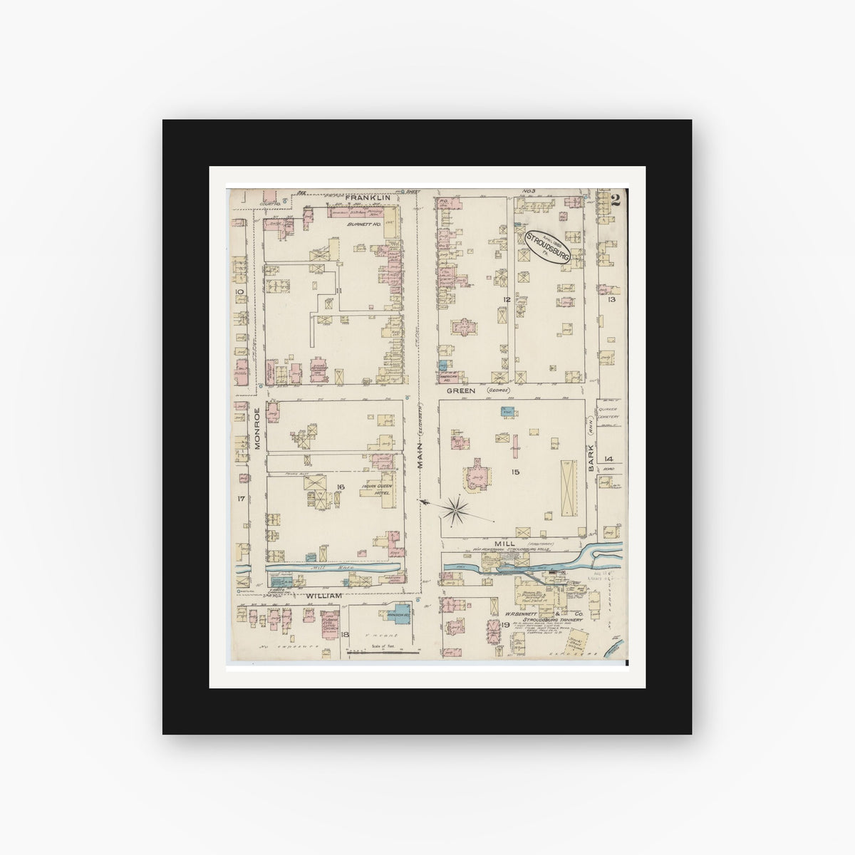 Old map wall art mockup — black gallery frame with white mat — Sanborn Fire Insurance Map from Stroudsburg, Monroe County, Pennsylvania (1885), Sheet #0002