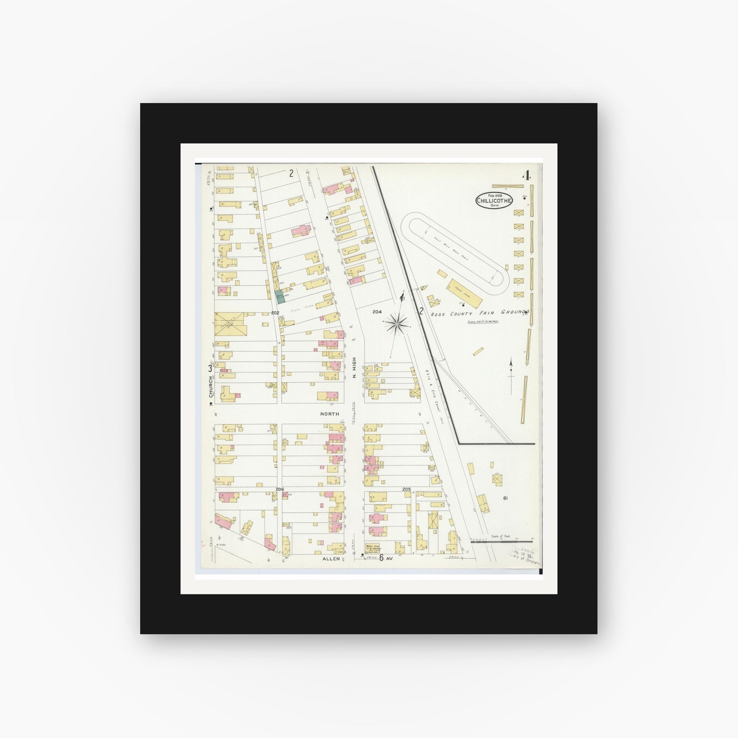 Old map wall art mockup — black gallery frame with white mat — Sanborn Fire Insurance Map from Chillicothe, Ross County, Ohio (1909), Sheet #0004