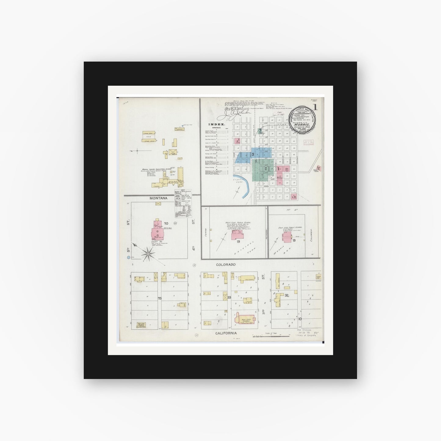 Old map wall art mockup — black gallery frame with white mat — Sanborn Fire Insurance Map from Morris, Stevens County, Minnesota (1892), Sheet #0001