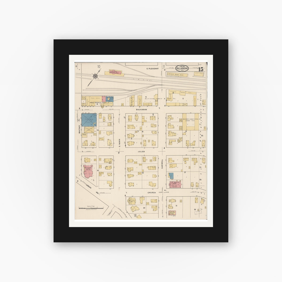 Old map wall art mockup — black gallery frame with white mat — Sanborn Fire Insurance Map from Belvidere, Boone County, Illinois (1922), Sheet #0015