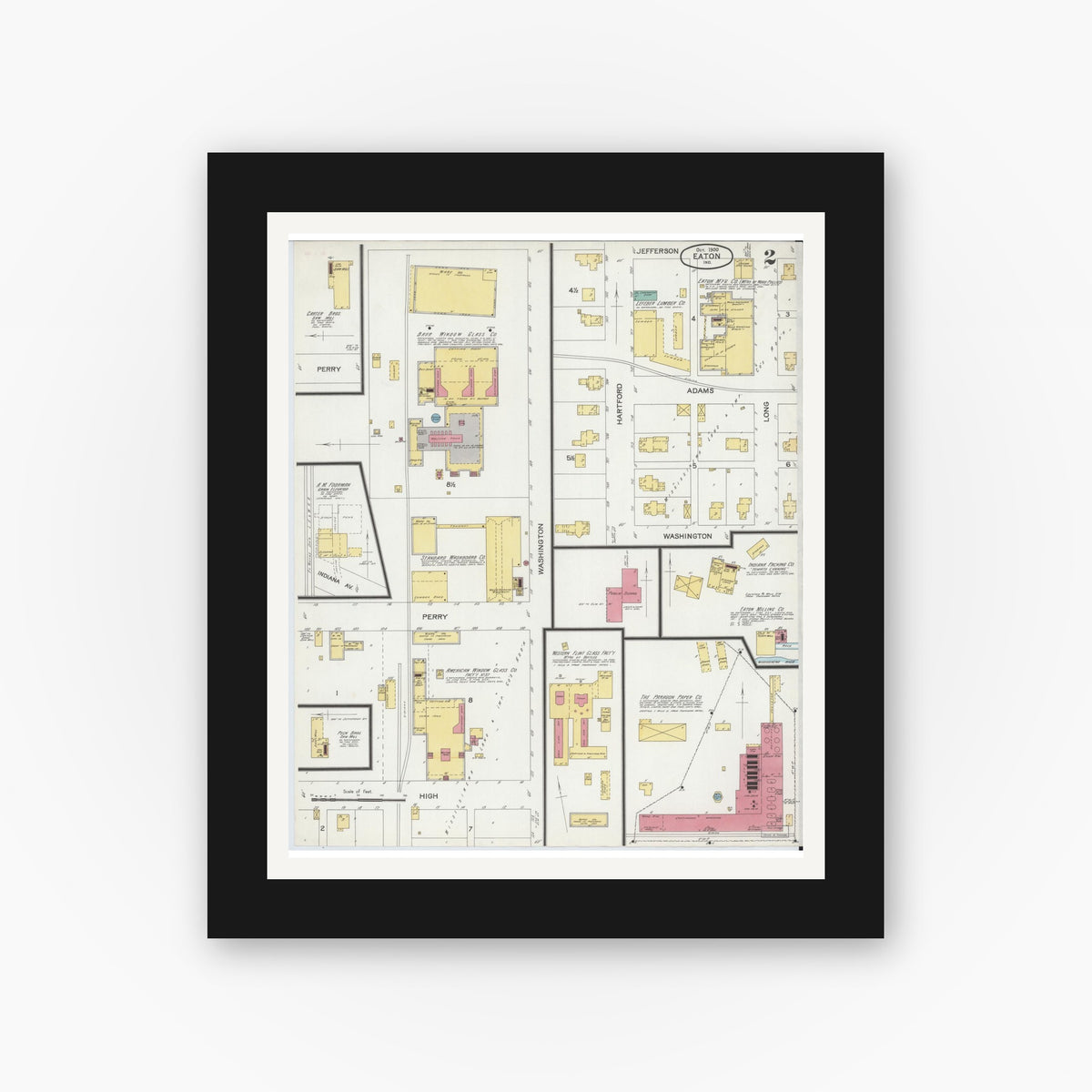 Old map wall art mockup — black gallery frame with white mat — Sanborn Fire Insurance Map from Eaton, Delaware County, Indiana (1900), Sheet #0002