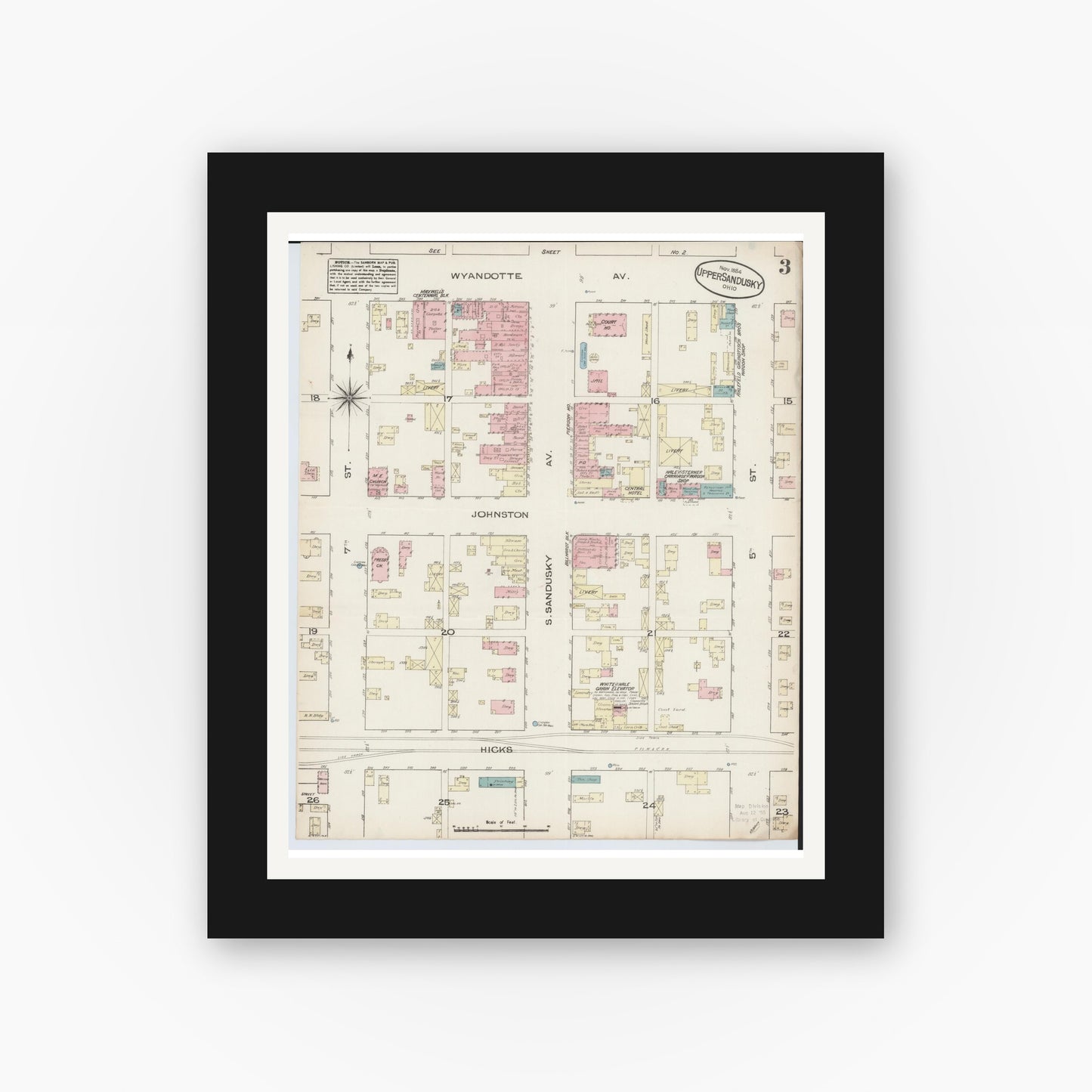 Old map wall art mockup — black gallery frame with white mat — Sanborn Fire Insurance Map from Upper Sandusky, Wyandot County, Ohio (1884), Sheet #0003
