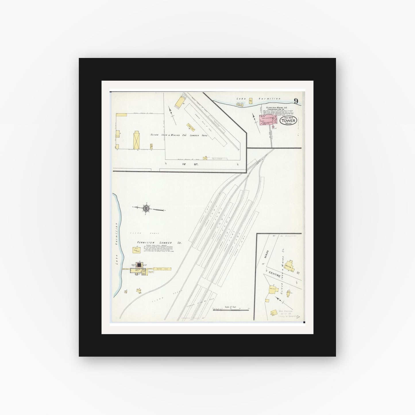 Old map wall art mockup — black gallery frame with white mat — Sanborn Fire Insurance Map from Tower, Saint Louis County, Minnesota (1909), Sheet #0009
