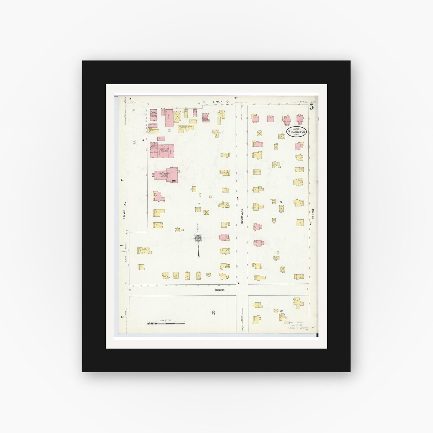 Old map wall art mockup — black gallery frame with white mat — Sanborn Fire Insurance Map from Wellington, Lorain County, Ohio (1911), Sheet #0005