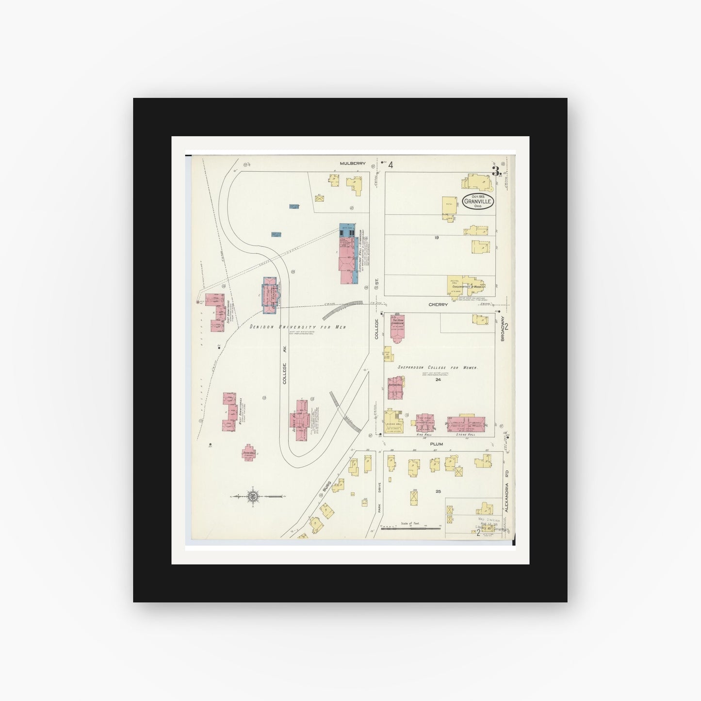 Old map wall art mockup — black gallery frame with white mat — Sanborn Fire Insurance Map from Granville, Licking County, Ohio (1913), Sheet #0003
