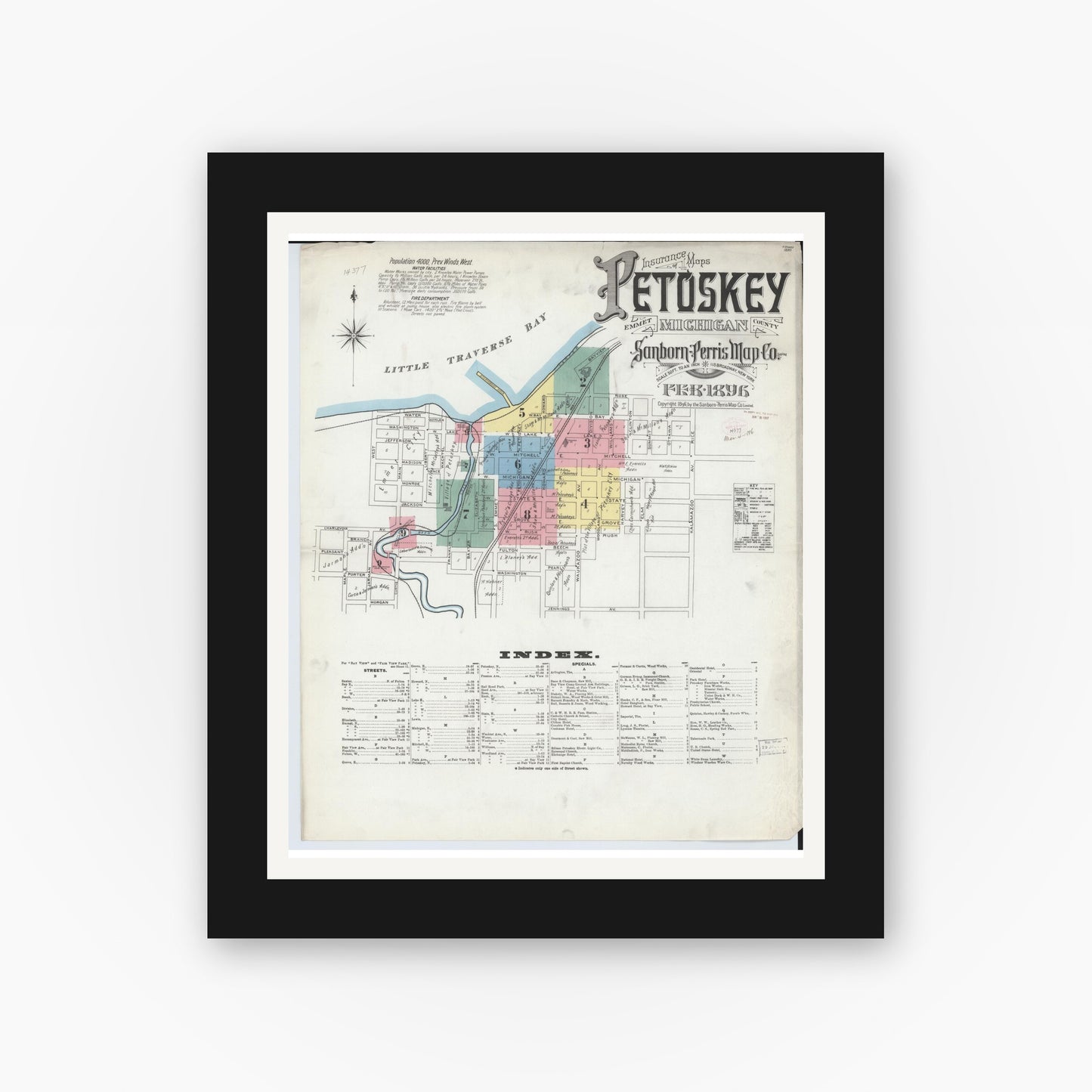 Old map wall art mockup — black gallery frame with white mat — Sanborn Fire Insurance Map from Petoskey, Emmet County, Michigan (1896) - Complete Map Set