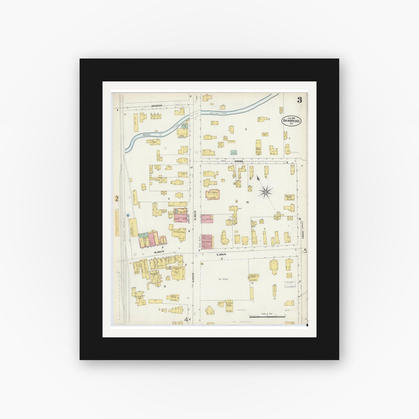 Old map wall art mockup — black gallery frame with white mat — Sanborn Fire Insurance Map from Bainbridge, Chenango County, New York (1903), Sheet #0003