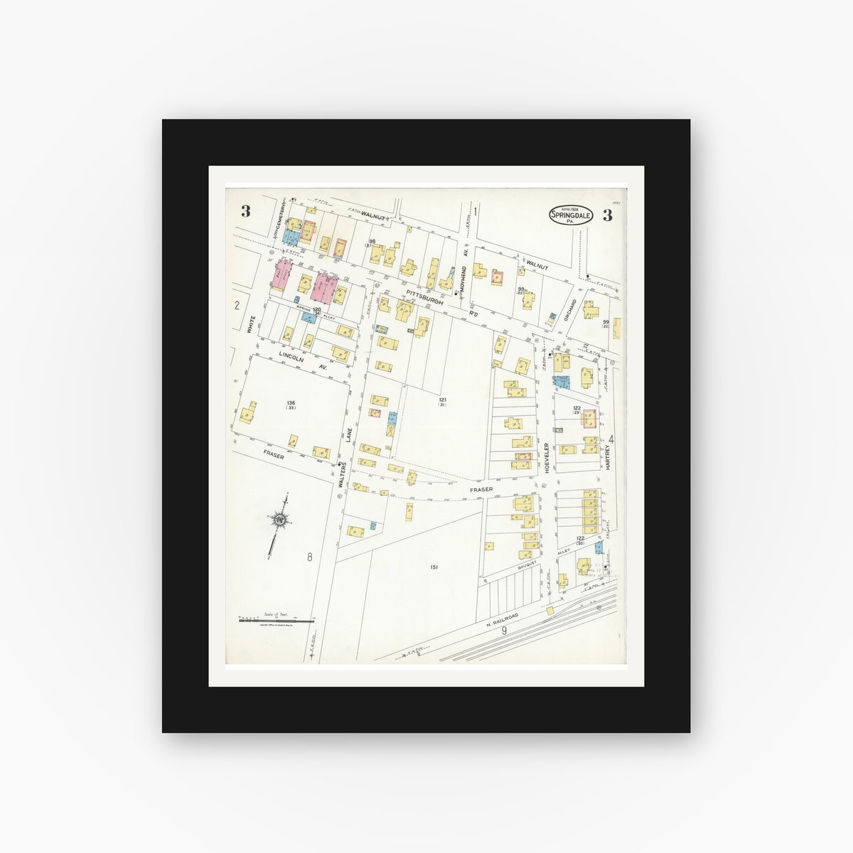 Old map wall art mockup β black gallery frame with white mat β Sanborn Fire Insurance Map from Springdale, Allegheny County, Pennsylvania (1924), Sheet #0003