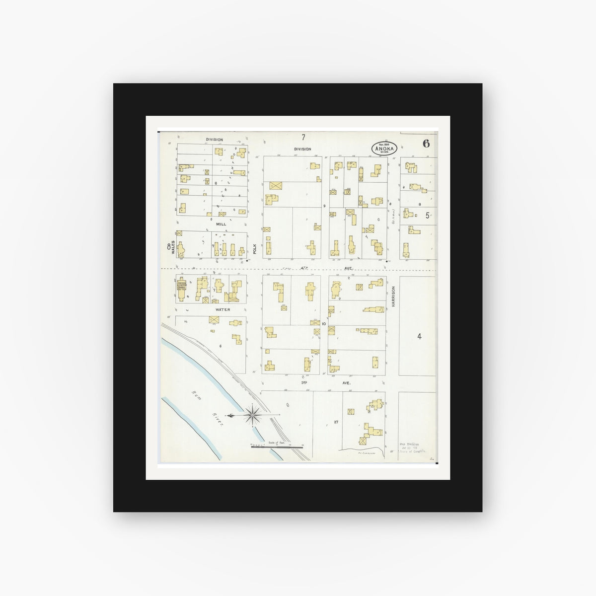 Old map wall art mockup — black gallery frame with white mat — Sanborn Fire Insurance Map from Anoka, Anoka County, Minnesota (1904), Sheet #0006