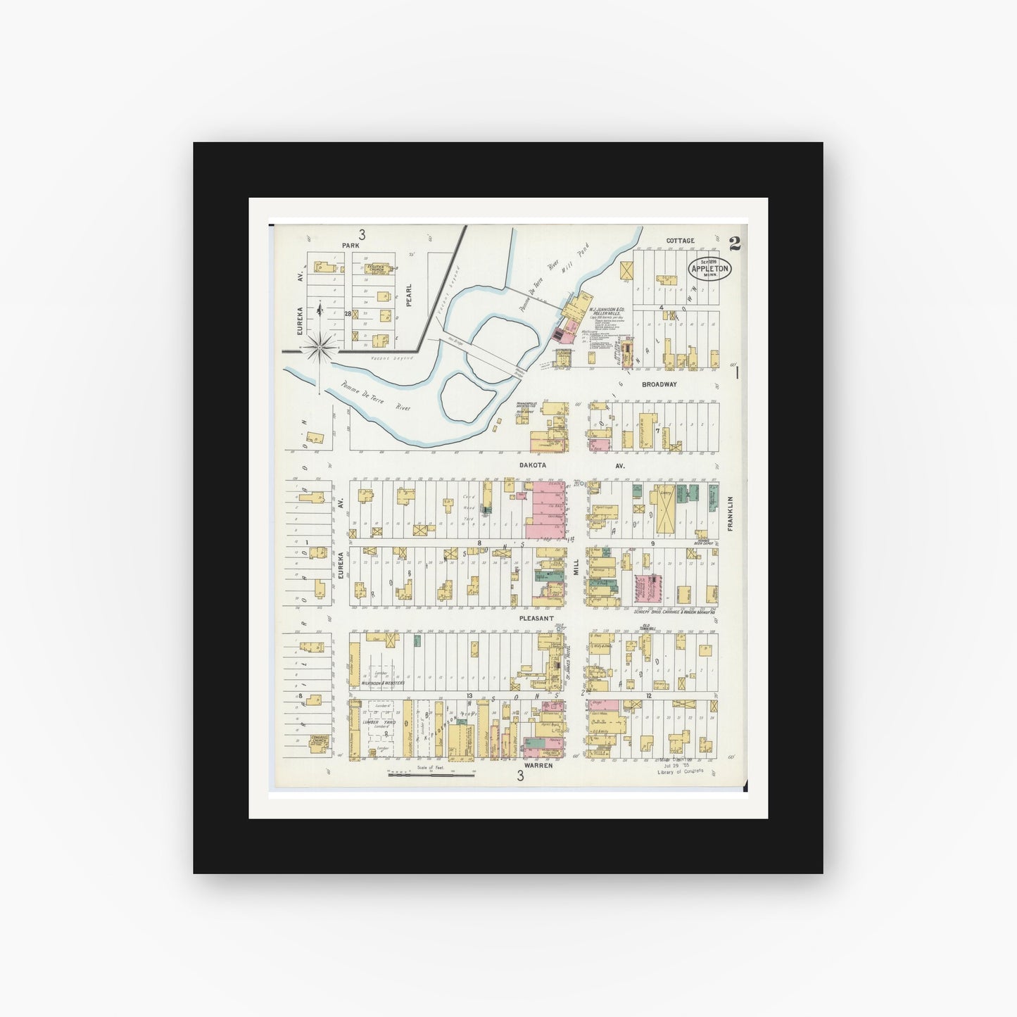 Old map wall art mockup — black gallery frame with white mat — Sanborn Fire Insurance Map from Appleton, Swift County, Minnesota (1899), Sheet #0002