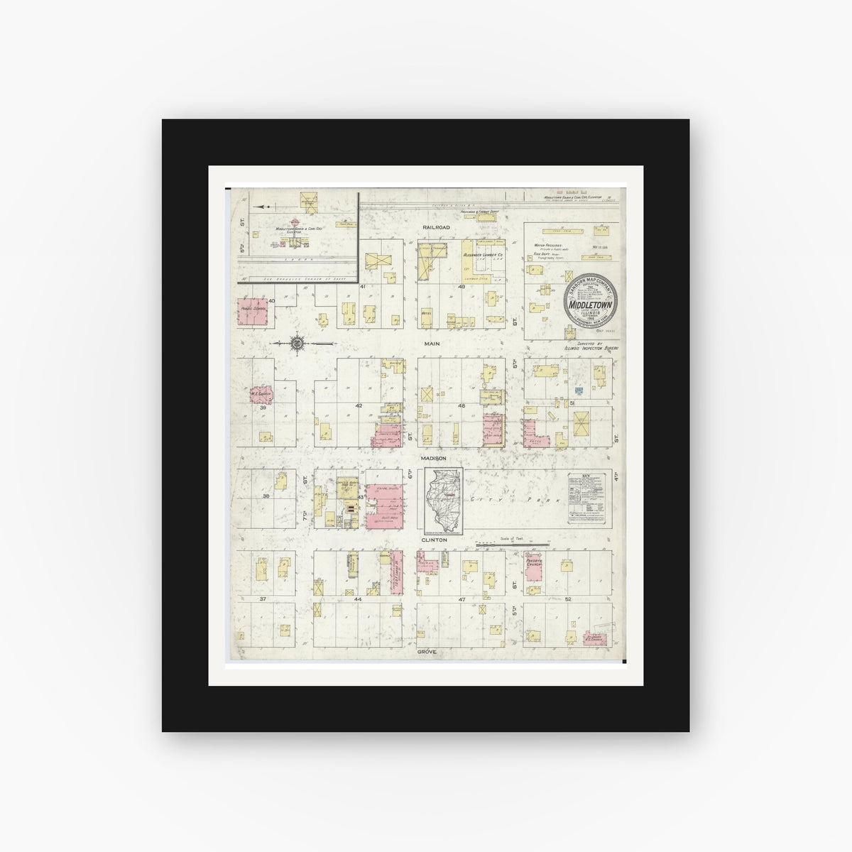 Old map wall art mockup — black gallery frame with white mat — Sanborn Fire Insurance Map from Middletown, Logan County, Illinois (1914), Sheet #0001