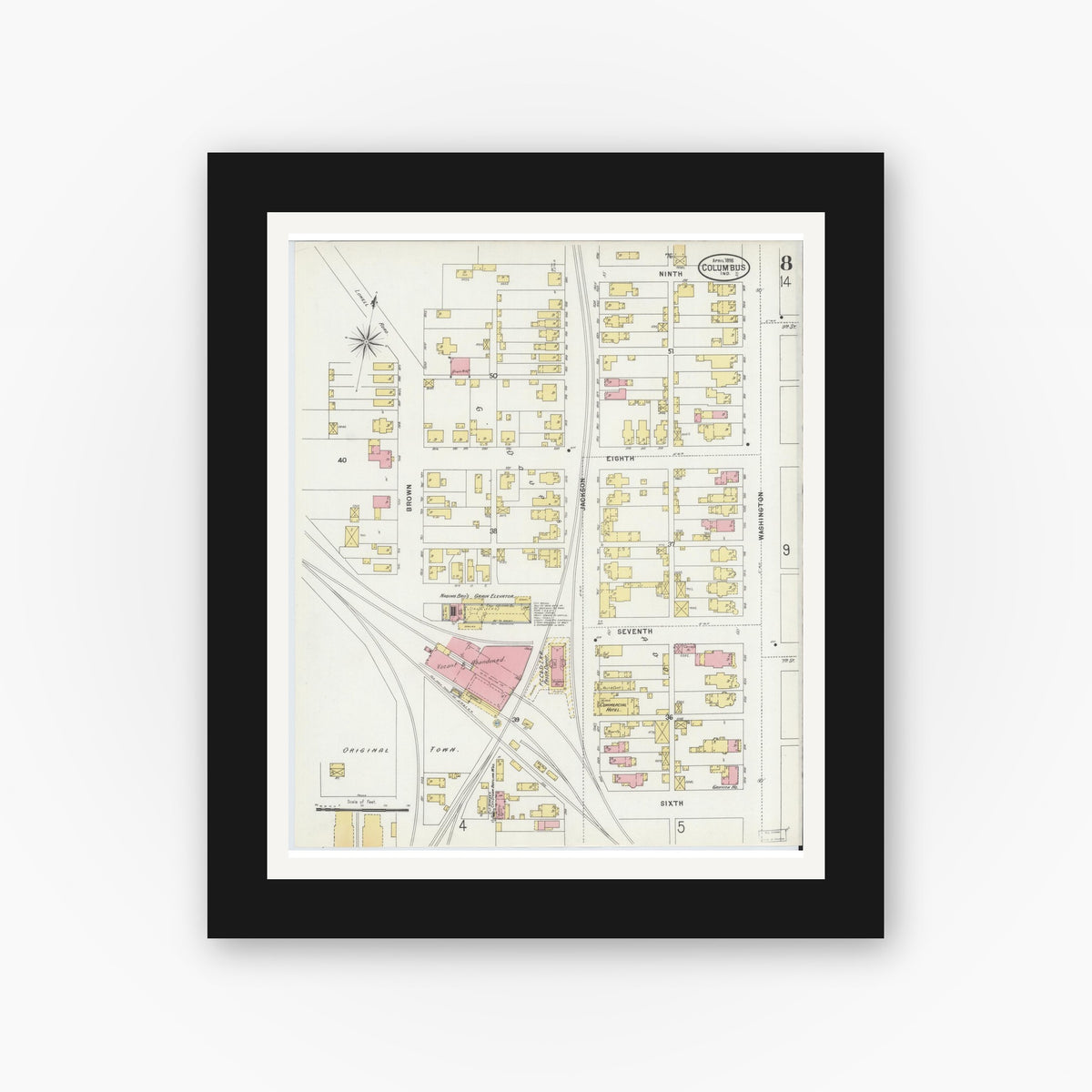 Old map wall art mockup — black gallery frame with white mat — Sanborn Fire Insurance Map from Columbus, Bartholomew County, Indiana (1898), Sheet #0008