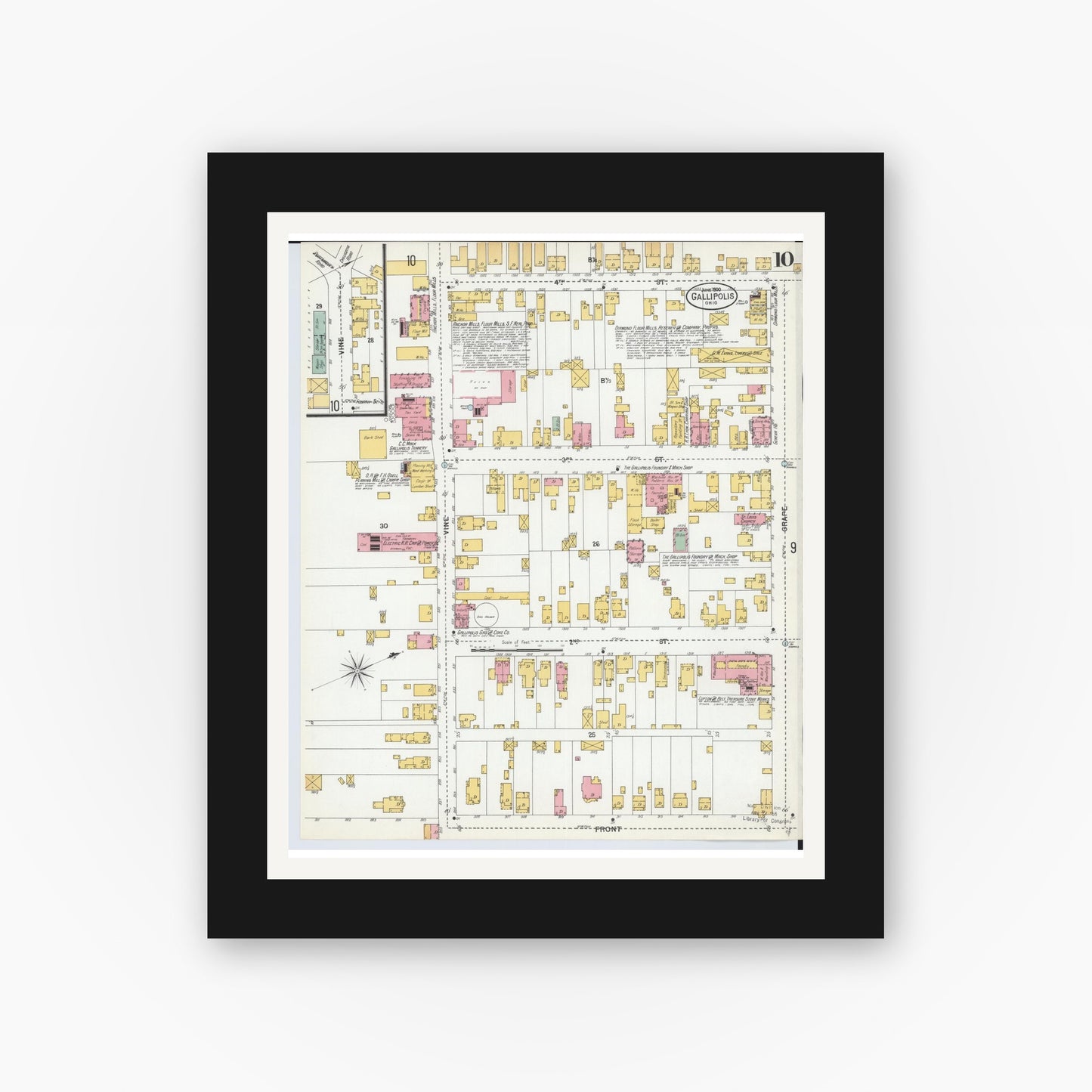 Old map wall art mockup — black gallery frame with white mat — Sanborn Fire Insurance Map from Gallipolis, Gallia County, Ohio (1900), Sheet #0010