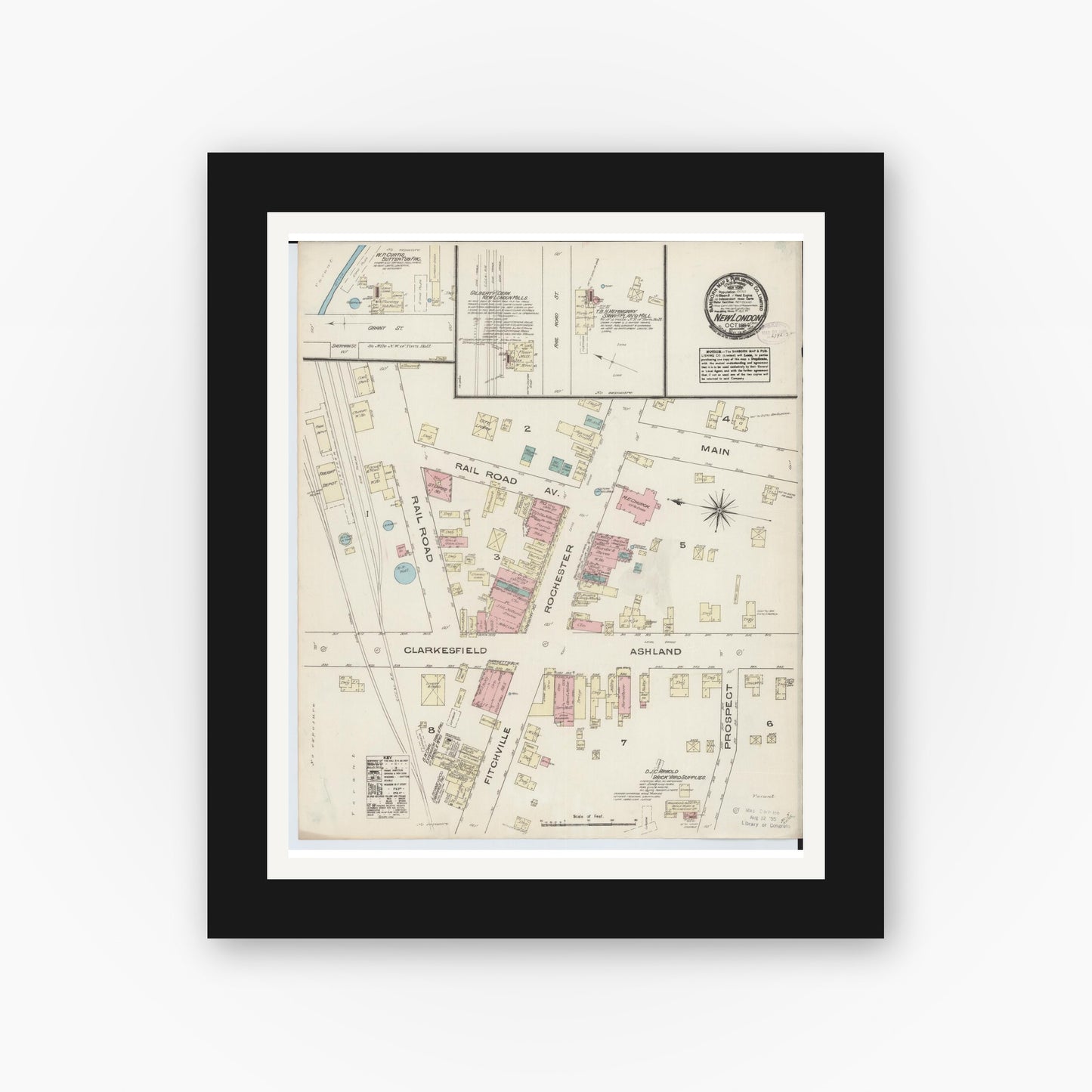 Old map wall art mockup — black gallery frame with white mat — Sanborn Fire Insurance Map from New London, Huron County, Ohio (1884), Sheet #0001