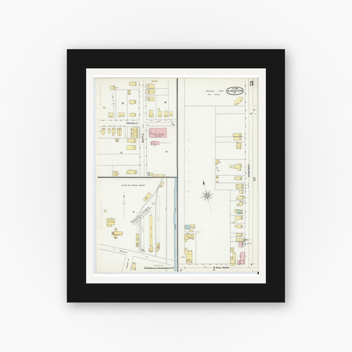 Old map wall art mockup — black gallery frame with white mat — Sanborn Fire Insurance Map from Kingston, Luzerne County, Pennsylvania (1896), Sheet #0003