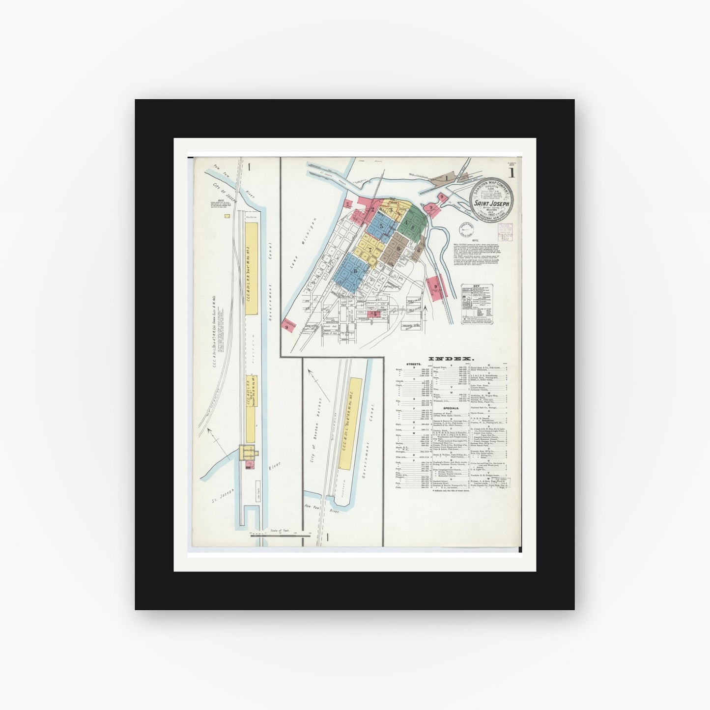 Old map wall art mockup — black gallery frame with white mat — Sanborn Fire Insurance Map from Saint Joseph, Berrien County, Michigan (1902) - Complete Map Set