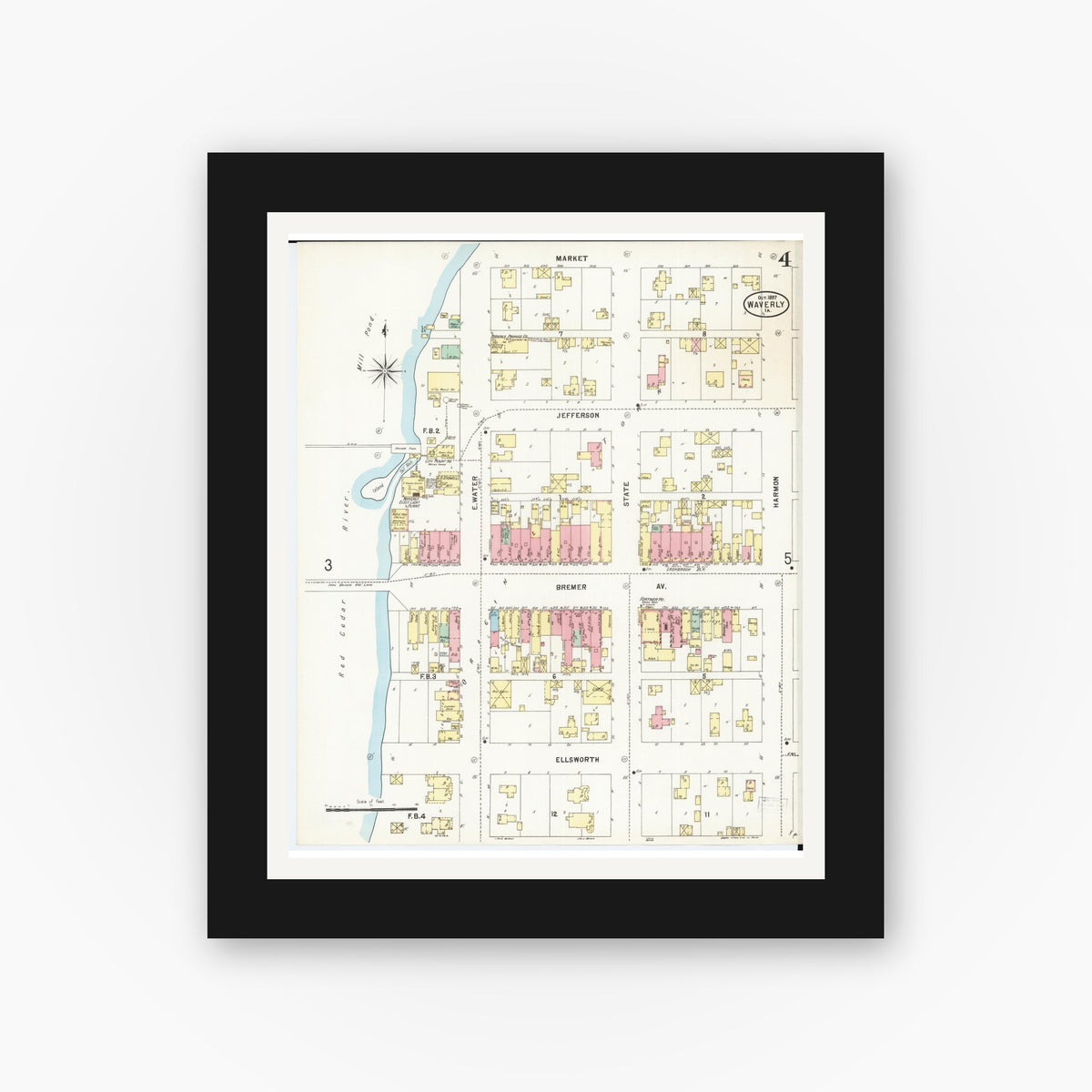 Old map wall art mockup — black gallery frame with white mat — Sanborn Fire Insurance Map from Waverly, Bremer County, Iowa (1897), Sheet #0004