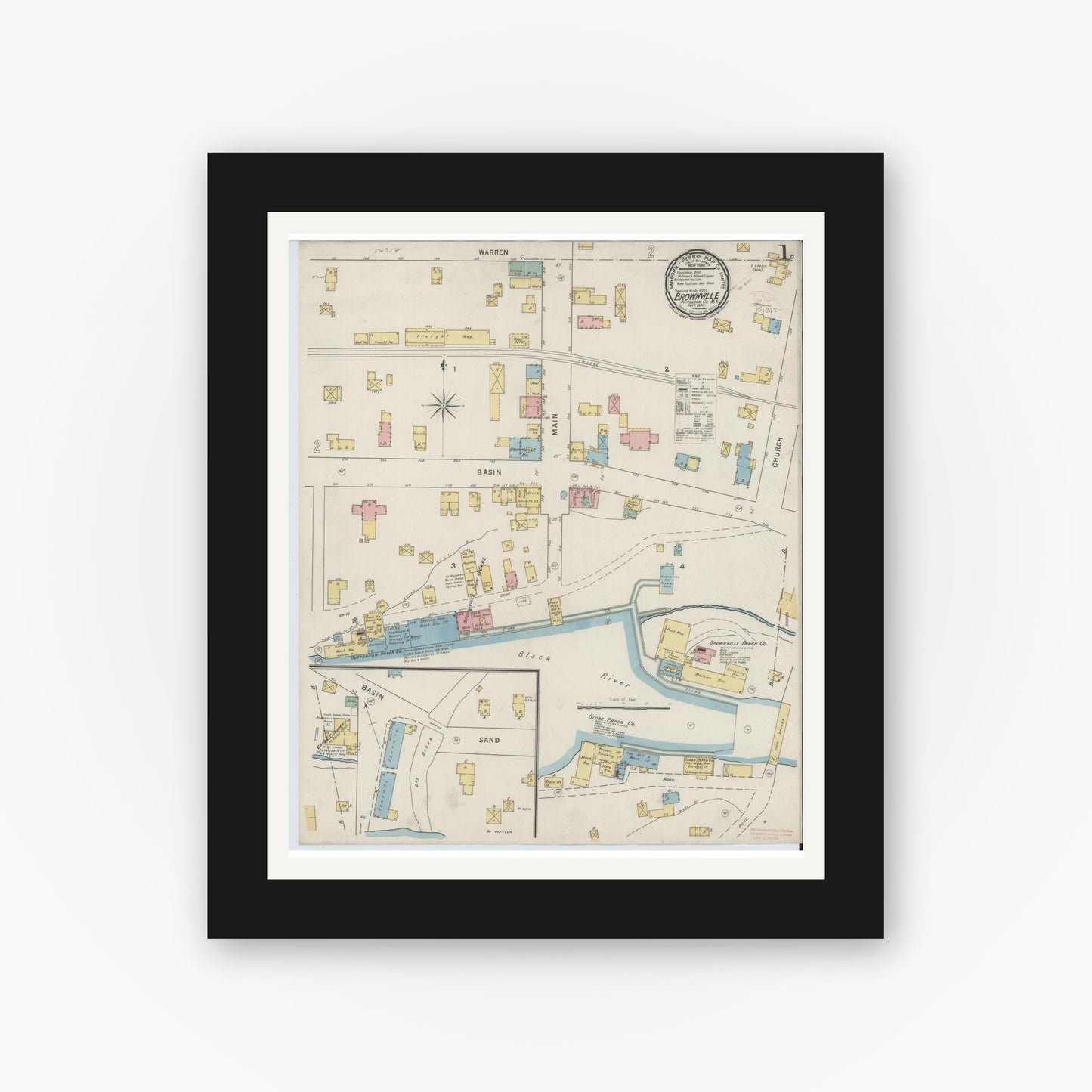 Old map wall art mockup — black gallery frame with white mat — Sanborn Fire Insurance Map from Brownville, Jefferson County, New York (1895) - Complete Map Set