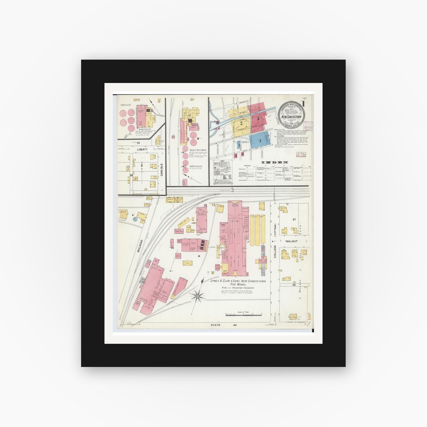 Old map wall art mockup — black gallery frame with white mat — Sanborn Fire Insurance Map from Newcomerstown, Tuscarawas County, Ohio (1907), Sheet #0001