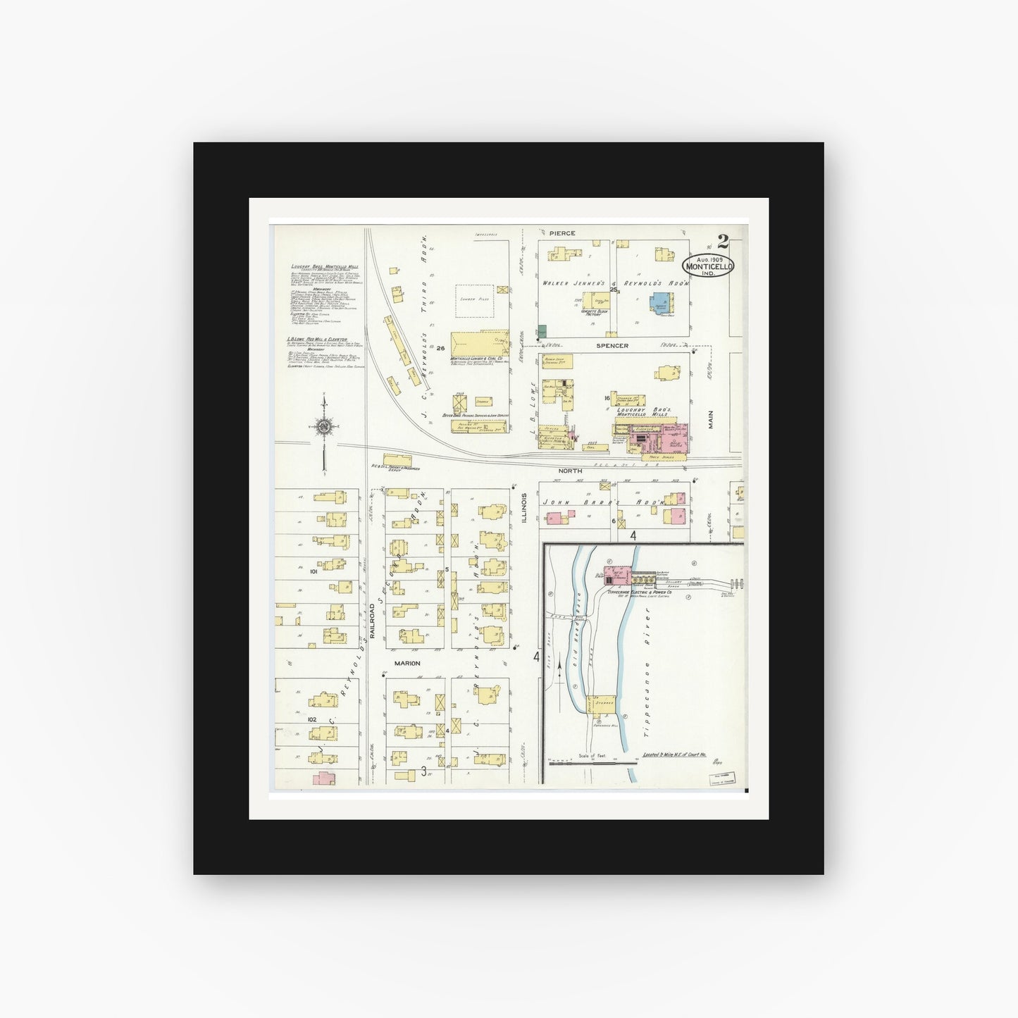 Old map wall art mockup — black gallery frame with white mat — Sanborn Fire Insurance Map from Monticello, White County, Indiana (1909), Sheet #0002