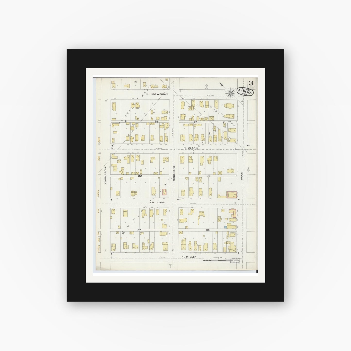 Old map wall art mockup — black gallery frame with white mat — Sanborn Fire Insurance Map from Alpena, Alpena County, Michigan (1895), Sheet #0003