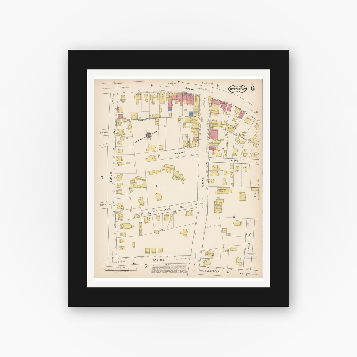 Old map wall art mockup — black gallery frame with white mat — Sanborn Fire Insurance Map from Oyster Bay, Nassau County, New York (1922), Sheet #0006