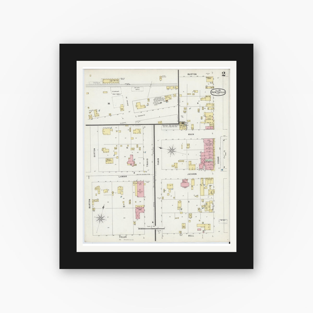 Old map wall art mockup — black gallery frame with white mat — Sanborn Fire Insurance Map from Huntsville, Walker County, Texas (1896), Sheet #0002