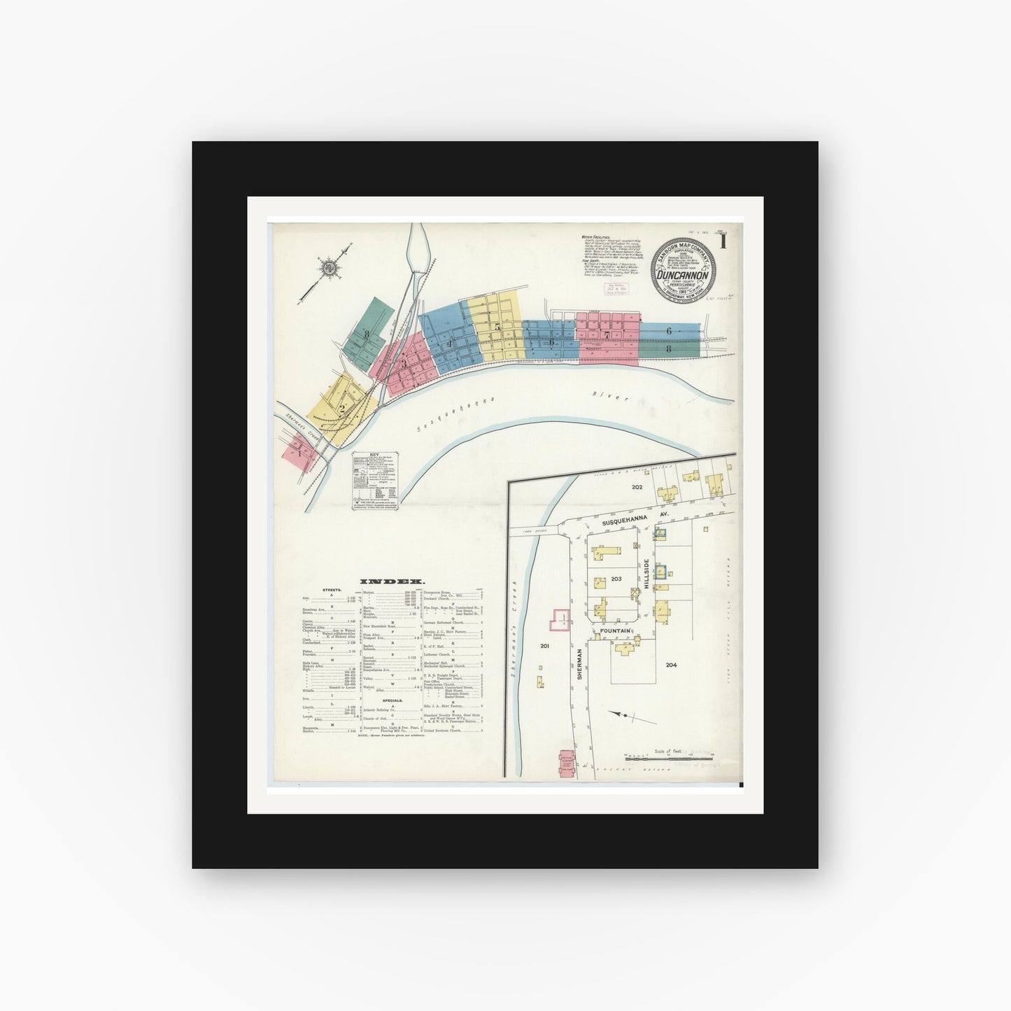 Old map wall art mockup — black gallery frame with white mat — Sanborn Fire Insurance Map from Duncannon, Perry County, Pennsylvania (1911) - Complete Map Set